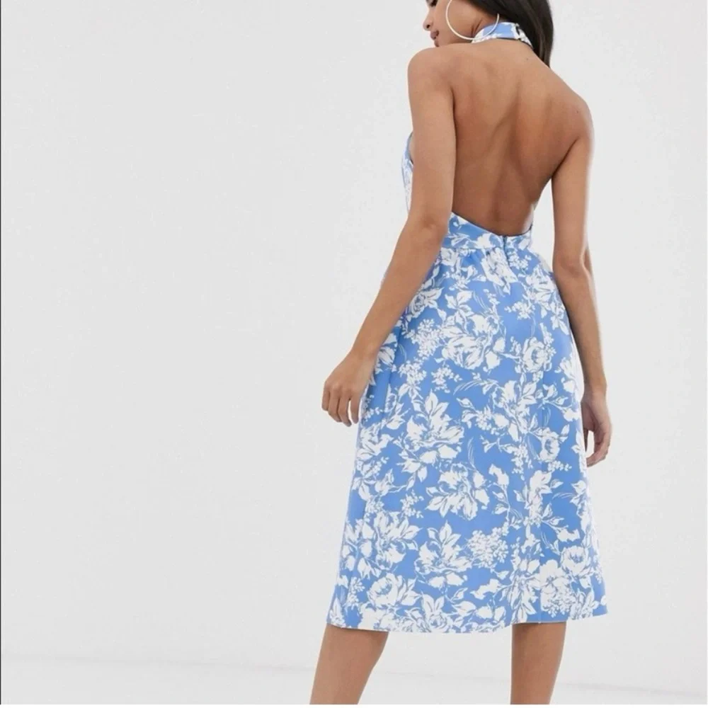 NWT ASOS Design Blue & White Floral Halter Midi Skater Fit & Flare Dress size 0 - Picture 3 of 10